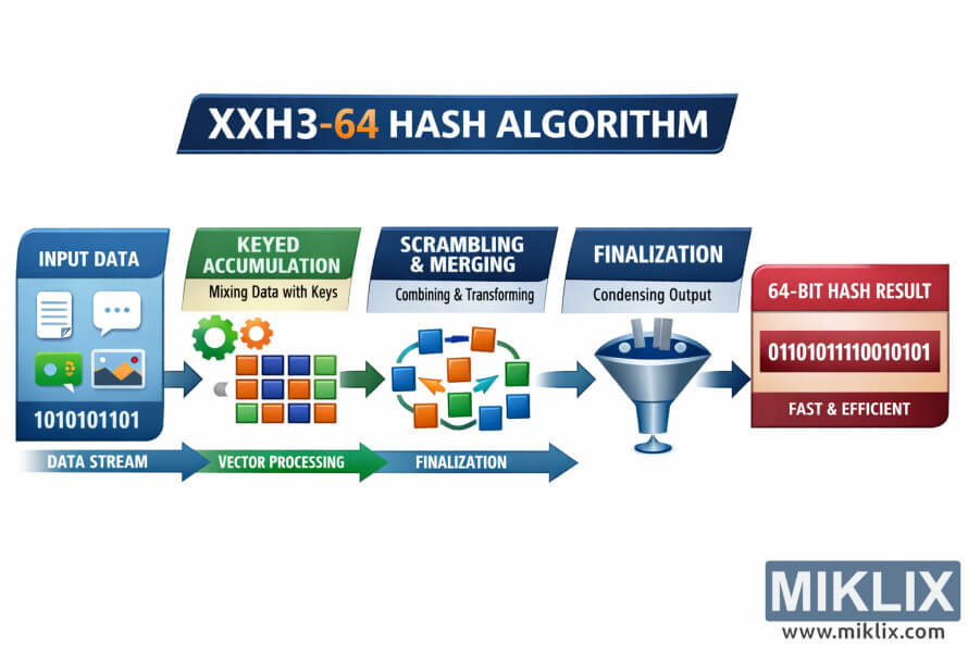 XXH3-64 hash algorithm ၏ input data မှ mixing၊ scrambling၊ finalization နှင့် 64-bit hash result အထိ အဆင့်မြင့်အဆင့်များကို ပြသသည့် Landscape infographic။