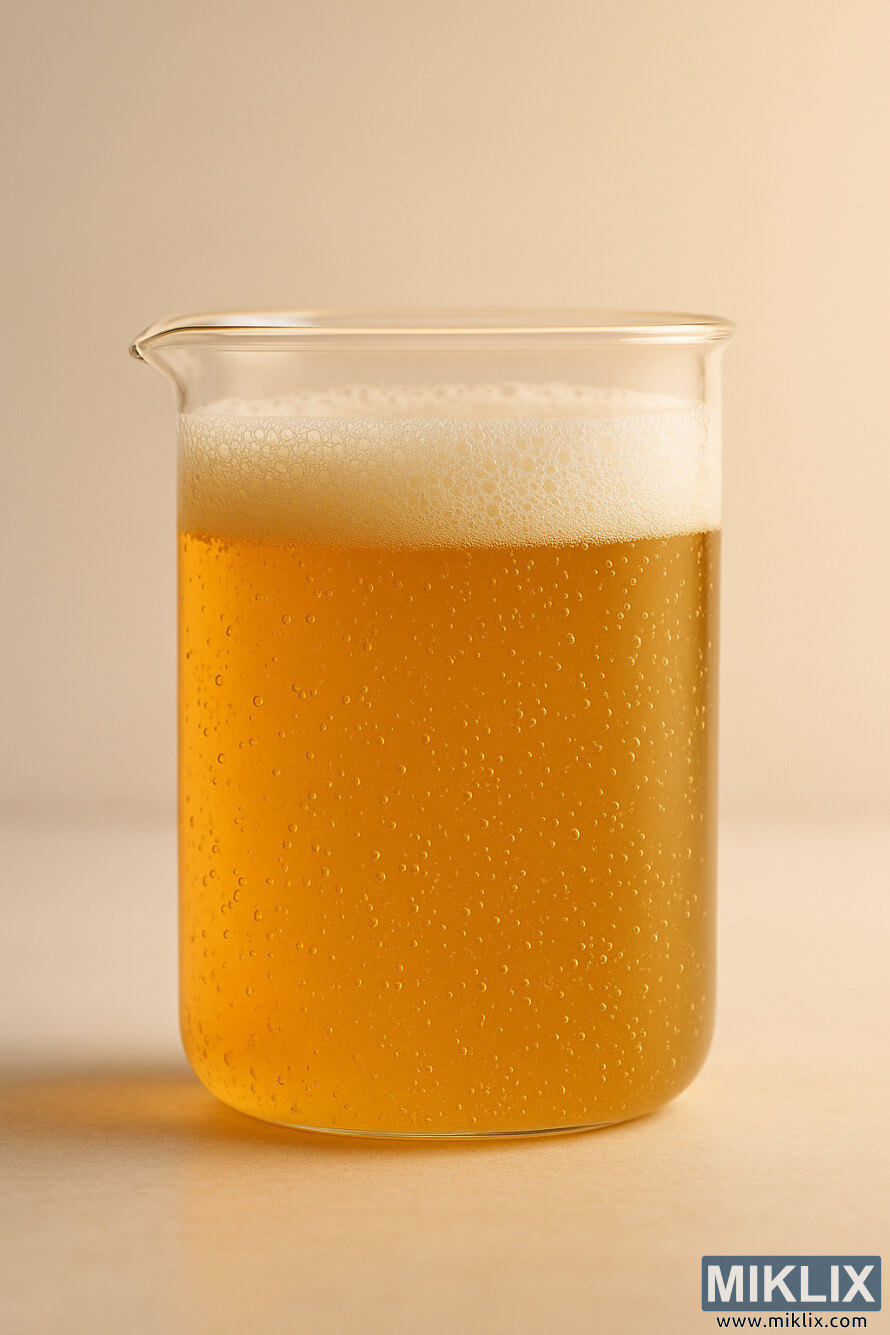 NÃ¤rbild av en genomskinlig laboratoriebÃ¤gare fylld med skummig, gyllene jÃ¤svÃ¤tska mot en varm minimalistisk bakgrund.