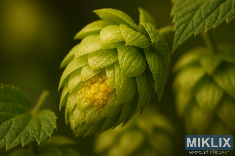 Tampilan dekat kerucut hop Cashmere yang menunjukkan kelenjar lupulin keemasan berkilauan di dalam bracts hijaunya.