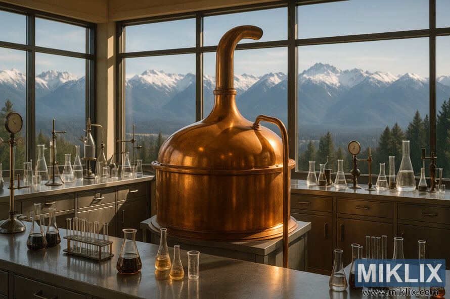 Koparbruggunarketill Ã­ bjÃ¶rtum rannsÃ³knarstofu meÃ° stÃ³rum gluggum sem ramma inn snÃ¦Ã¾Ã¶ktu ÃlympÃ­ufjallstinda.