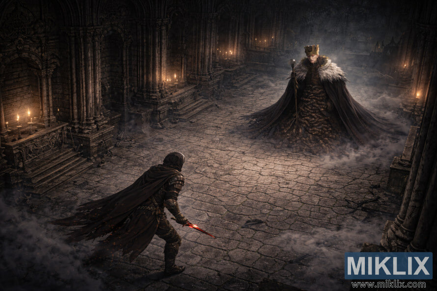 Landscape, high-angle view of the Tarnished facing an elderly Count Ymir inside a vast gothic cathedral, moments before battle amid mist and candlelight. Landscape, high-angle view of the Tarnished facing an elderly Count Ymir inside a vast gothic cathedral, moments before battle amid mist and candlelight.