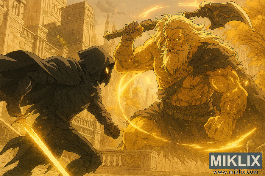 Aðdáendamynd à anime-stÃl af Tarnished sem berst við Godfrey à Leyndell Royal Capital frá Elden Ring. Aðdáendamynd à anime-stÃl af Tarnished sem berst við Godfrey à Leyndell Royal Capital frá Elden Ring.