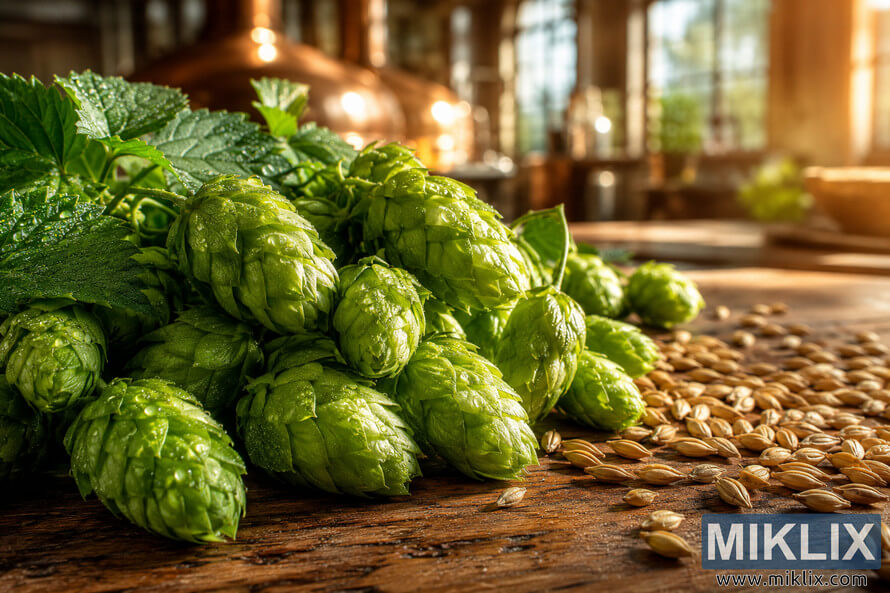 Close-up of fresh green Buket hop cones covered in morning dew on a rustic wooden table with scattered barley grains, set against a softly blurred sunlit brewery background with warm golden light.