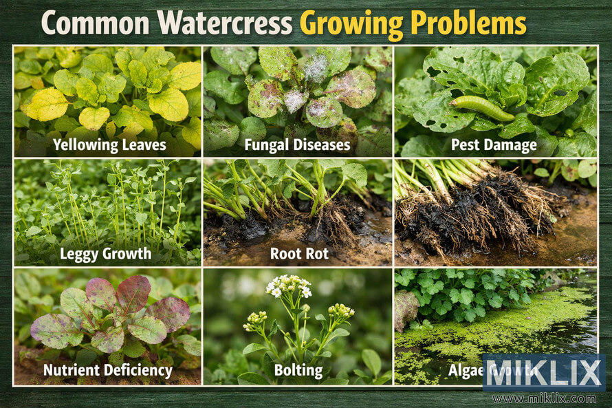 Educational collage showing common watercress growing problems such as yellowing leaves, fungal disease, pest damage, leggy growth, root rot, nutrient deficiency, bolting, and algae growth.
