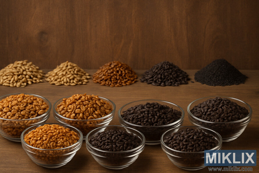 Steklene sklede s karamelnim, kristalnim, praženim jeÄmenom in Äokoladnim sladom na rustikalnem ozadju. Steklene sklede s karamelnim, kristalnim, praženim jeÄmenom in Äokoladnim sladom na rustikalnem ozadju.