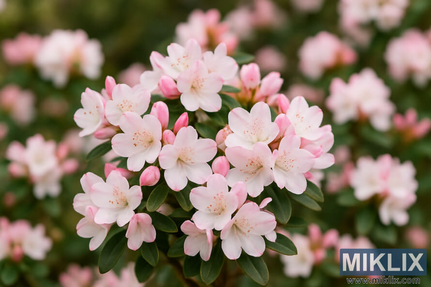 Gros plan du rhododendron nain Ginny Gee avec des fleurs blanches et roses en forme dâÃ©toiles.