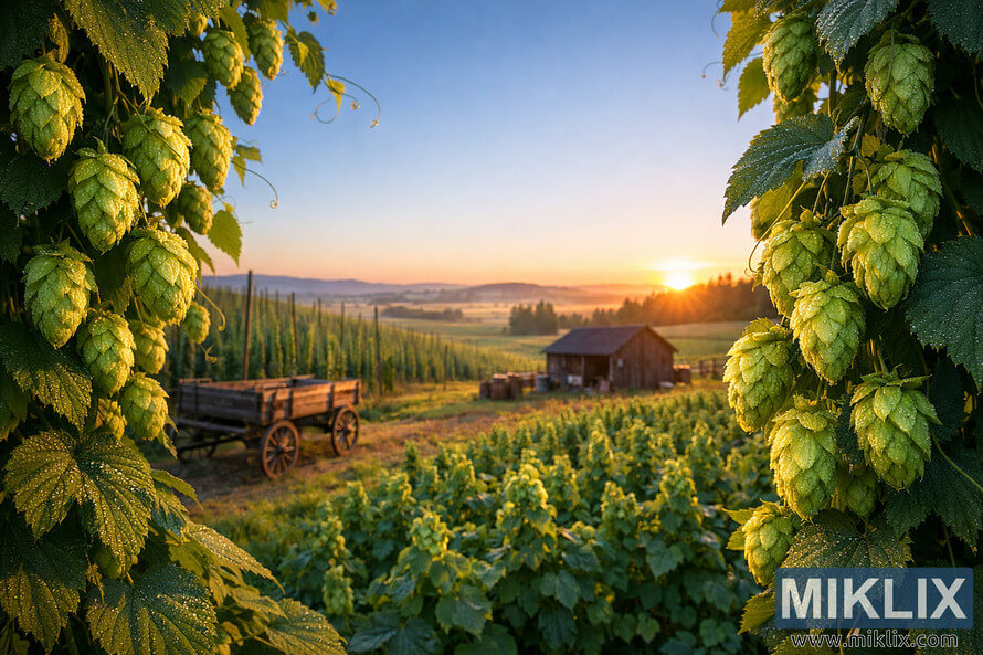 Dew-covered Ahtanum hop cones in the foreground overlooking a serene hop farm at sunrise with a rustic shed and wooden cart in rolling green fields.