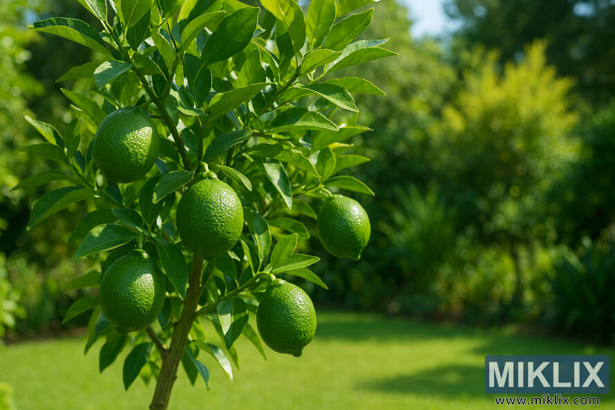 Healthy Persian lime tree with ripe green fruit in a sunny garden
