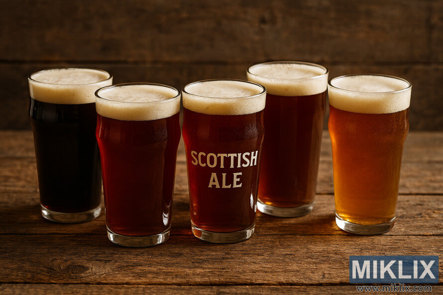 Five glasses of Scottish ales with varying colors and foam heads on a rustic wooden table