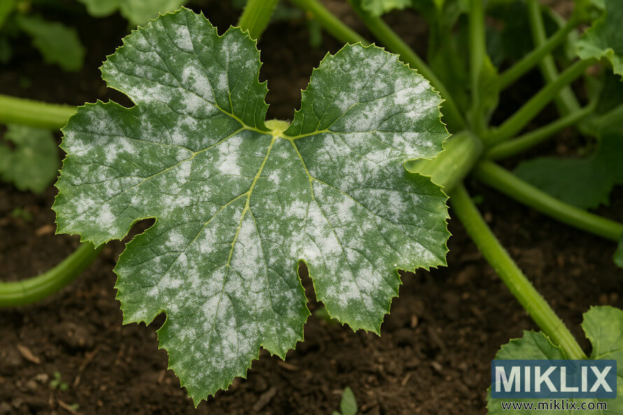 Kabak yapraÄÄ±nÄ±n yakÄ±n Ã§ekim gÃ¶rÃ¼ntÃ¼sÃ¼; yapraÄÄ±n yeÅil yÃ¼zeyinde beyaz tozlu kÃ¼f lekeleri gÃ¶rÃ¼lÃ¼yor.