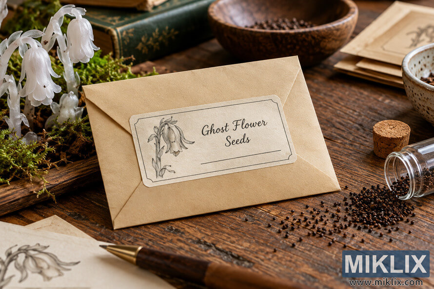 Tan envelope labeled âGhost Flower Seedsâ on a rustic wooden table beside spilled dark seeds, white flowers, moss, a glass vial, books, and botanical papers. Tan envelope labeled âGhost Flower Seedsâ on a rustic wooden table beside spilled dark seeds, white flowers, moss, a glass vial, books, and botanical papers.