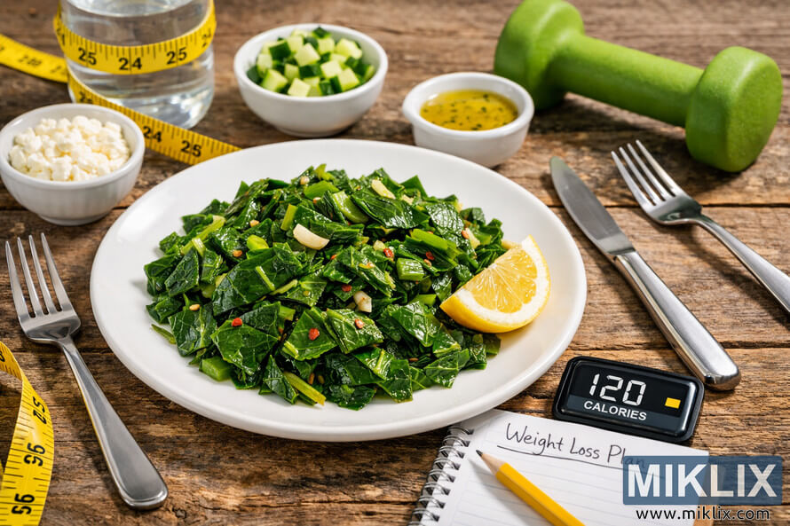 A healthy weight loss meal featuring sautéed collard greens on a white plate surrounded by fitness and diet items such as a measuring tape, dumbbell, water bottle, and notepad labeled 'Weight Loss Plan'. A healthy weight loss meal featuring sautéed collard greens on a white plate surrounded by fitness and diet items such as a measuring tape, dumbbell, water bottle, and notepad labeled 'Weight Loss Plan'.