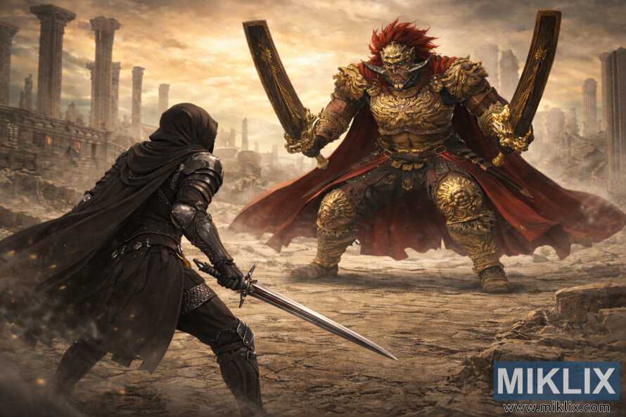 Anime-style fan art showing the Tarnished in Black Knife armor wielding a sword while an enlarged Promised Consort Radahn looms closer in the ruins of Enir-Ilim.