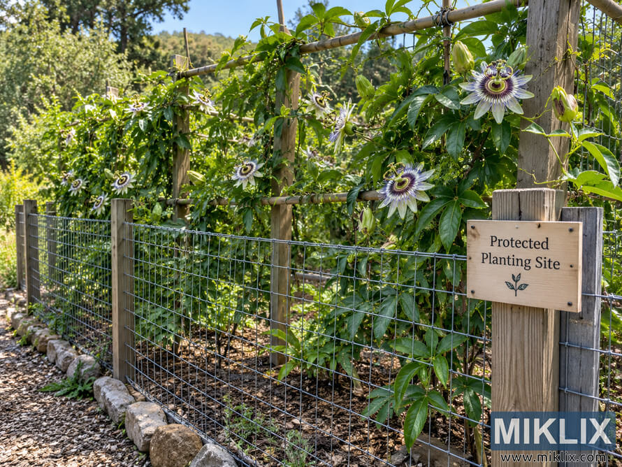 Protected passionflower planting site with flowering vines climbing a fenced wooden trellis and a sign reading "Protected Planting Site." Protected passionflower planting site with flowering vines climbing a fenced wooden trellis and a sign reading "Protected Planting Site."