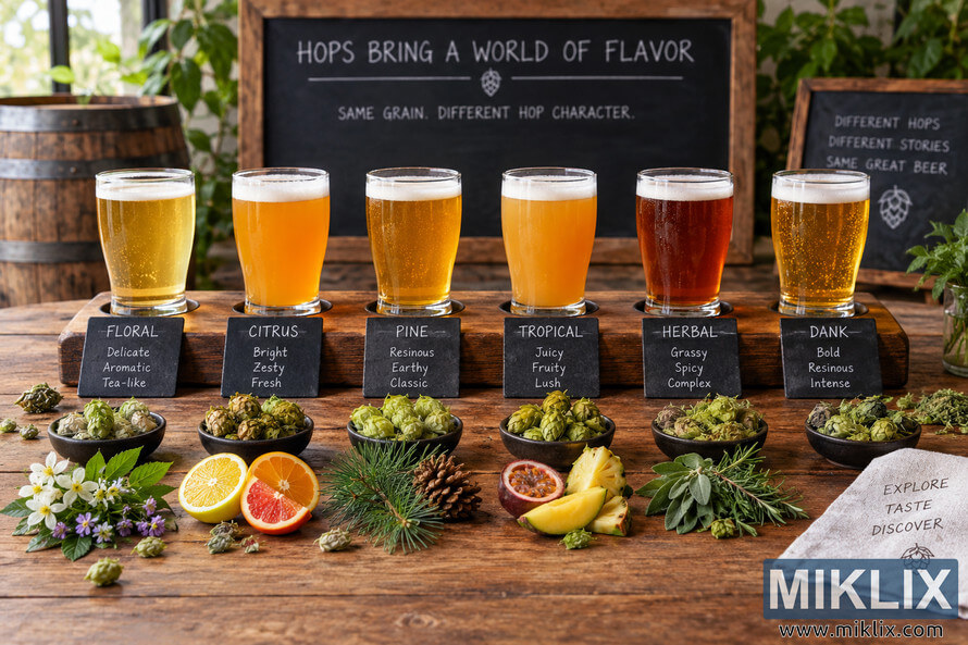 Landscape photo of six unbranded beer tasters labeled floral, citrus, pine, tropical, herbal and dank, displayed with hop cones, fruit, flowers, pine needles and herbs on a rustic brewery tasting table.
