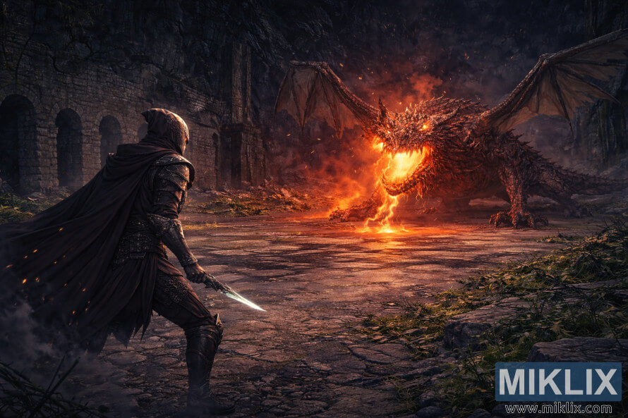 HÃ¬nh váº½ theo phong cÃ¡ch anime do fan váº½, thá» hiá»n Tarnished nhÃ¬n tá»« phÃ­a sau bÃªn trÃ¡i, Äá»i máº·t vá»i Magma Wyrm khá»ng lá» Makar trong má»t hang Äá»ng Äá» nÃ¡t rá»ng lá»n ngay trÆ°á»c tráº­n chiáº¿n.