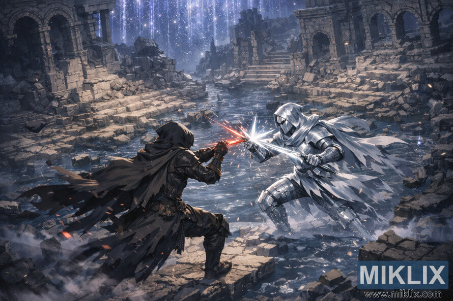 Fan art isomÃ©trique dâanime montrant les Sans-Ã©clatÃ©s en armure Black Knife combattant la Mimic Tear argentÃ©e sur des ruines inondÃ©es Ã  Nokron, leurs dagues lumineuses sâentrechoquant sous la lumiÃ¨re des Ã©toiles tombantes.