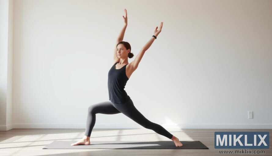 Woman in black outfit practicing Warrior I yoga pose on a black mat in a serene, sunlit room.