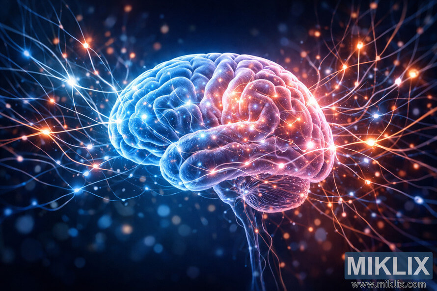Digital illustration of a human brain with glowing neural connections extending outward in blue and orange hues against a dark background. Digital illustration of a human brain with glowing neural connections extending outward in blue and orange hues against a dark background.