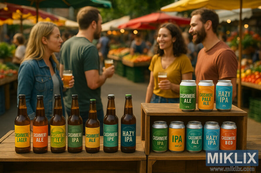 Peti kayu sederhana yang memajang bir yang dicampur dengan Cashmere di pasar terbuka dengan orang-orang mencicipi minuman di latar belakang.