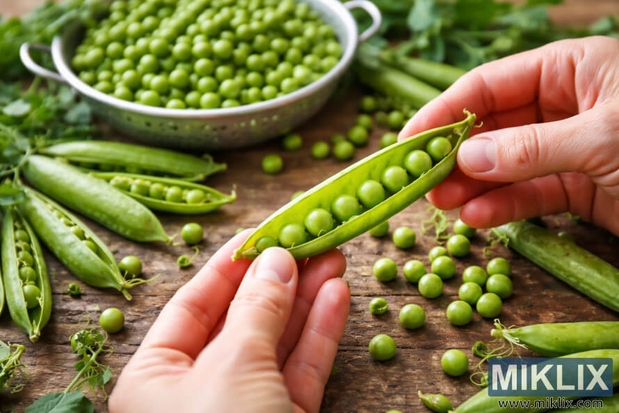 Close-up of hands shelling fresh green peas from open pods on a rustic wooden table with loose peas and a metal colander in the background. Close-up of hands shelling fresh green peas from open pods on a rustic wooden table with loose peas and a metal colander in the background.