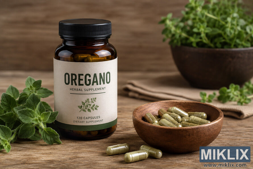 Amber glass bottle labeled oregano herbal supplement beside a wooden bowl filled with green oregano capsules on a rustic wooden table with fresh oregano leaves and a softly blurred natural background. Amber glass bottle labeled oregano herbal supplement beside a wooden bowl filled with green oregano capsules on a rustic wooden table with fresh oregano leaves and a softly blurred natural background.