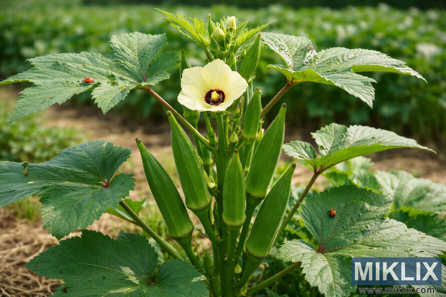 Healthy okra plant with green pods, yellow flower, and beneficial insects like ladybugs in a well-maintained garden.