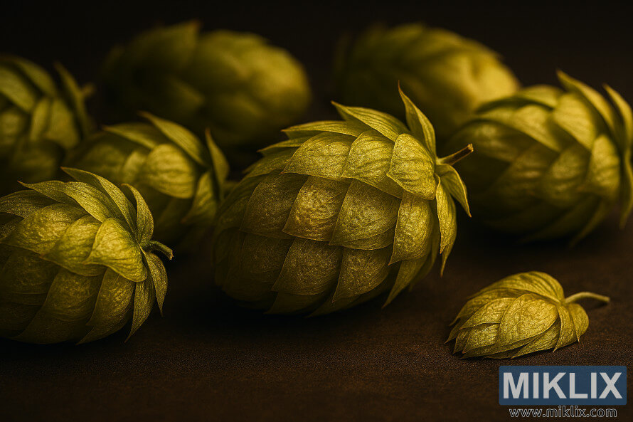 Close-up ng golden-green na Comet hop cone na nakaayos sa isang madilim na ibabaw na may malambot at mainit na liwanag