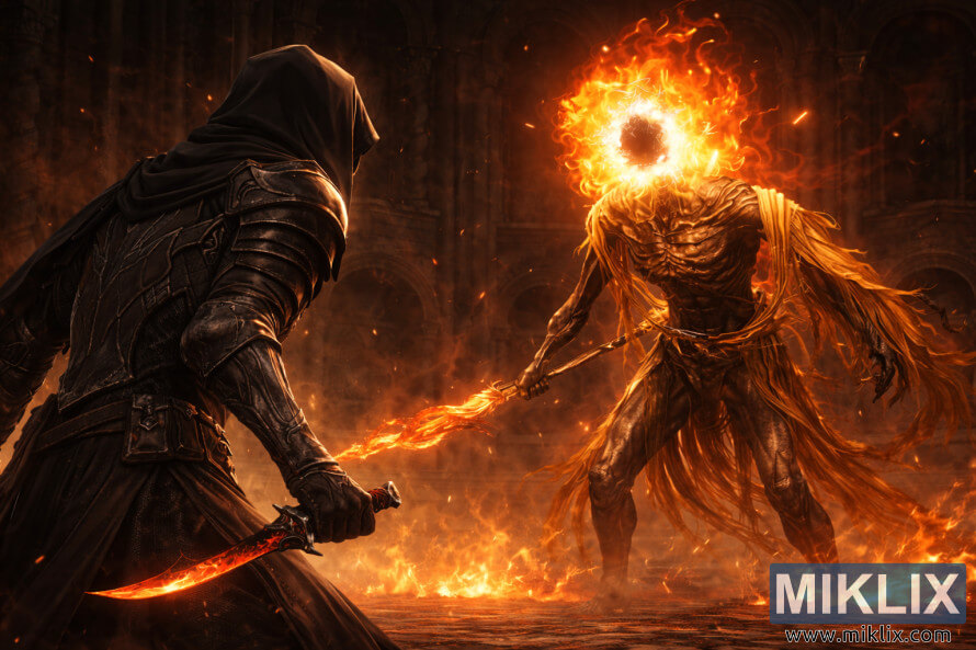 Dark fantasy illustration of the Tarnished in Black Knife armor facing Midra, Lord of Frenzied Flame, at close range inside a burning stone hall.