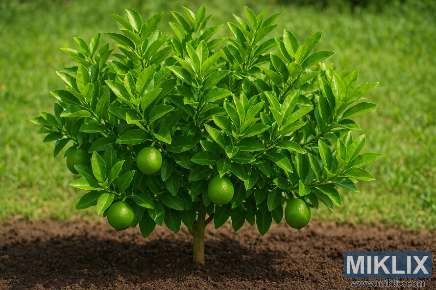 A lush lime tree with vibrant green leaves and ripe fruit growing in rich soil