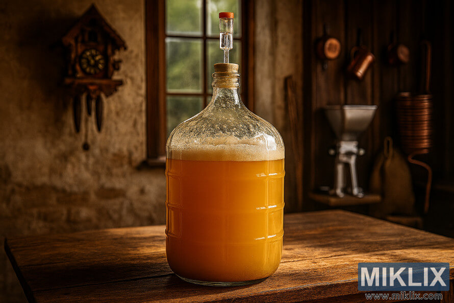 Staklena demižona fermentirajućeg Hefeweizena na drvenom stolu u rustikalnom okruženju njemačke domaće pivare.