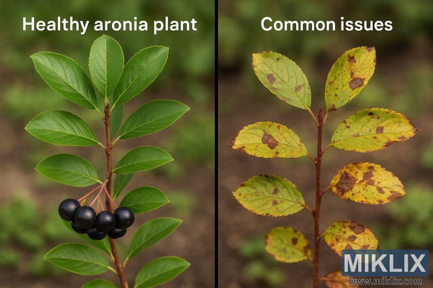 Side-by-side comparison showing a healthy aronia plant with green leaves and dark berries next to a diseased one with yellow, spotted leaves.