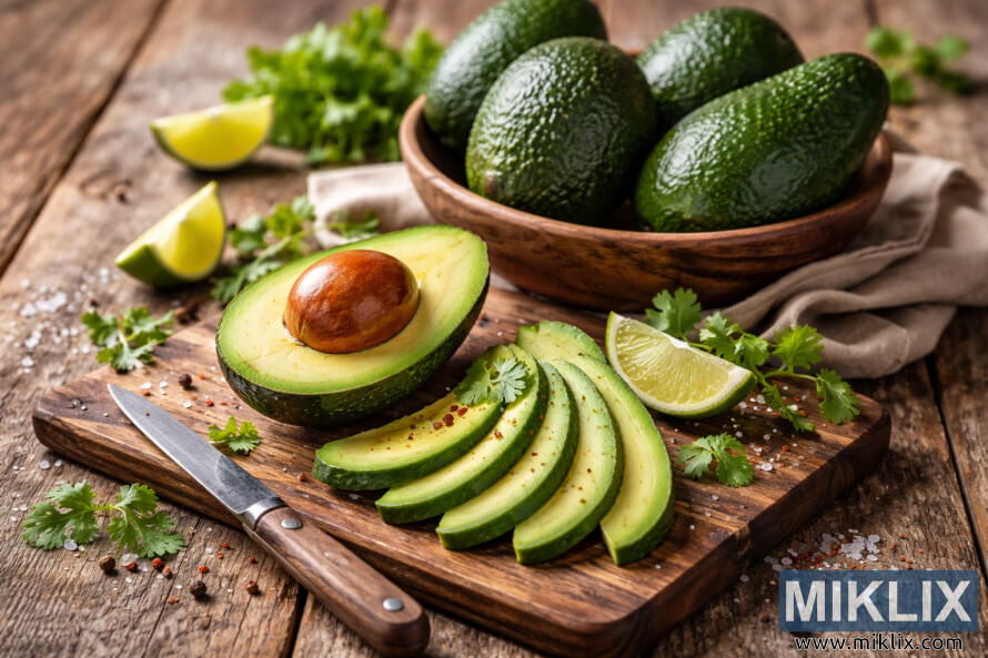 Aguacates frescos cortados en rodajas y por la mitad sobre una tabla de cortar de madera rÃºstica con limas, cilantro y un tazÃ³n de aguacates enteros en el fondo.