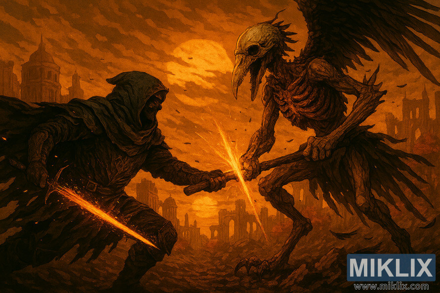 Isithombe sesitayela se-anime se-Tarnished in Black Knife izikhali ezilwa nohlaka lwamathambo i-Deathbird nenduku eqondile e-Elden Ring