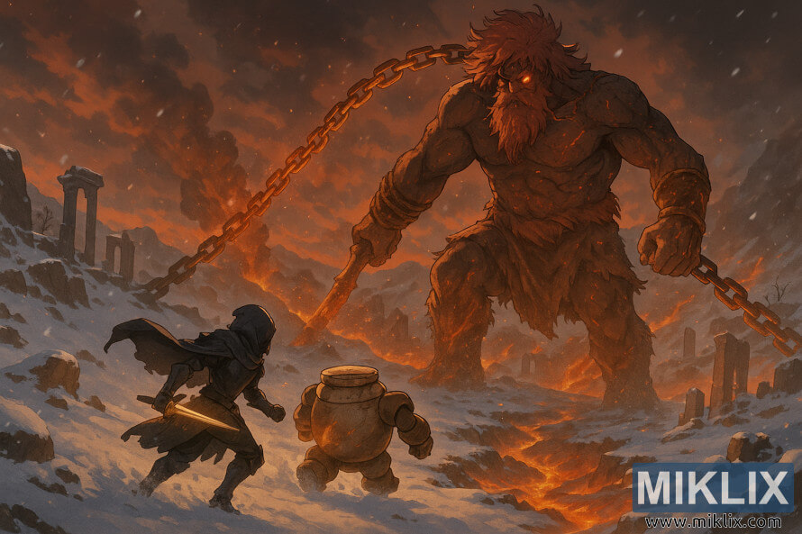 A cloaked warrior wielding a glowing blade stands beside a jar-shaped companion, facing a massive fiery giant bound by chains amid a snow-covered volcanic landscape.