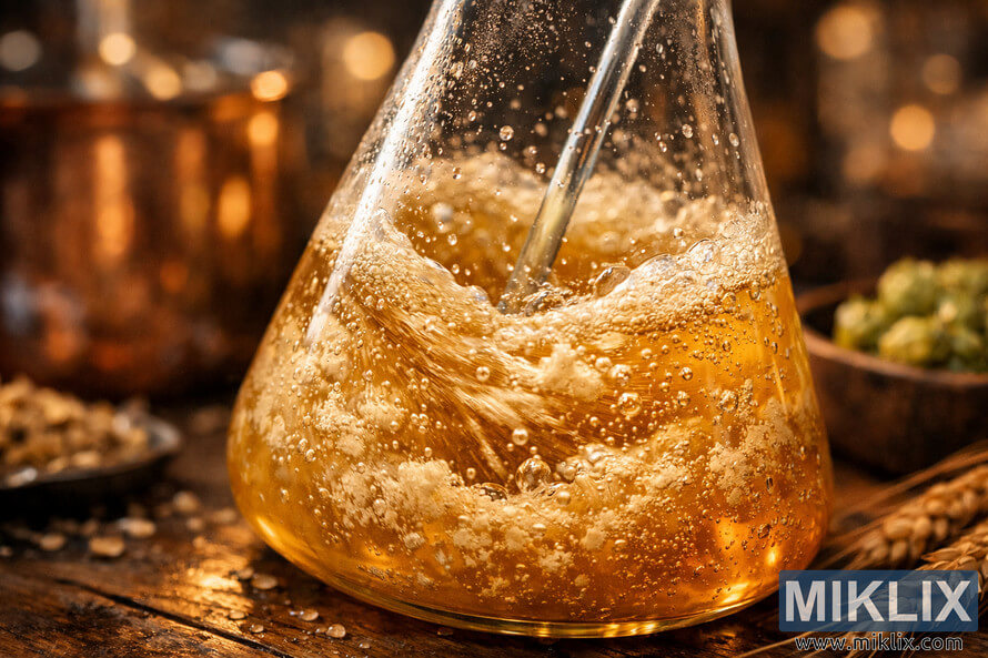Close-up of Old Bavarian lager yeast swirling in a golden liquid inside a laboratory flask, with bubbles rising and warm brewery equipment blurred in the background.