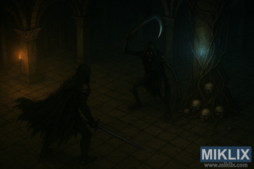 Qara Bıçaqlı Qorxuluların Kaelid Katakombalarında yüksÉk izometrik mÉnzÉrÉdÉn QÉbiristanlıq KölgÉsi ilÉ qarÅılaÅmasını Éks etdirÉn qaranlıq fantaziya illüstrasiyası. Qara Bıçaqlı Qorxuluların Kaelid Katakombalarında yüksÉk izometrik mÉnzÉrÉdÉn QÉbiristanlıq KölgÉsi ilÉ qarÅılaÅmasını Éks etdirÉn qaranlıq fantaziya illüstrasiyası.