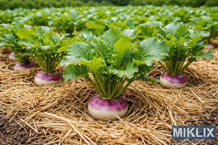 Turnip plants with purple and white roots growing in a garden bed covered with straw mulch under bright daylight.