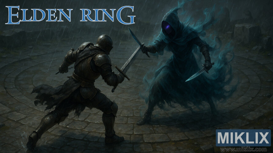 Fan art of Tarnished battling Alecto, Black Knife Ringleader, in a rainy Evergaol arena Fan art of Tarnished battling Alecto, Black Knife Ringleader, in a rainy Evergaol arena