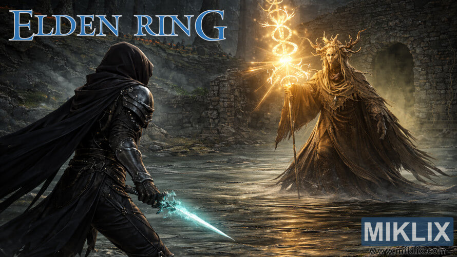 တိုက်ပွဲမတိုင်မီ အချိန်အနည်းငယ်အလိုတွင် ရေလွှမ်းမိုးနေသော Darklight Catacombs အလယ်တွင် Elder Inquisitor ဖြစ်သူ Jori ကို မျက်နှာမူထားသည့် Tarnished in Black Knife သံချပ်ကာကို ပြသထားသည့် မှောင်မိုက်သော စိတ်ကူးယဉ် Elden Ring ပရိသတ်အနုပညာ။