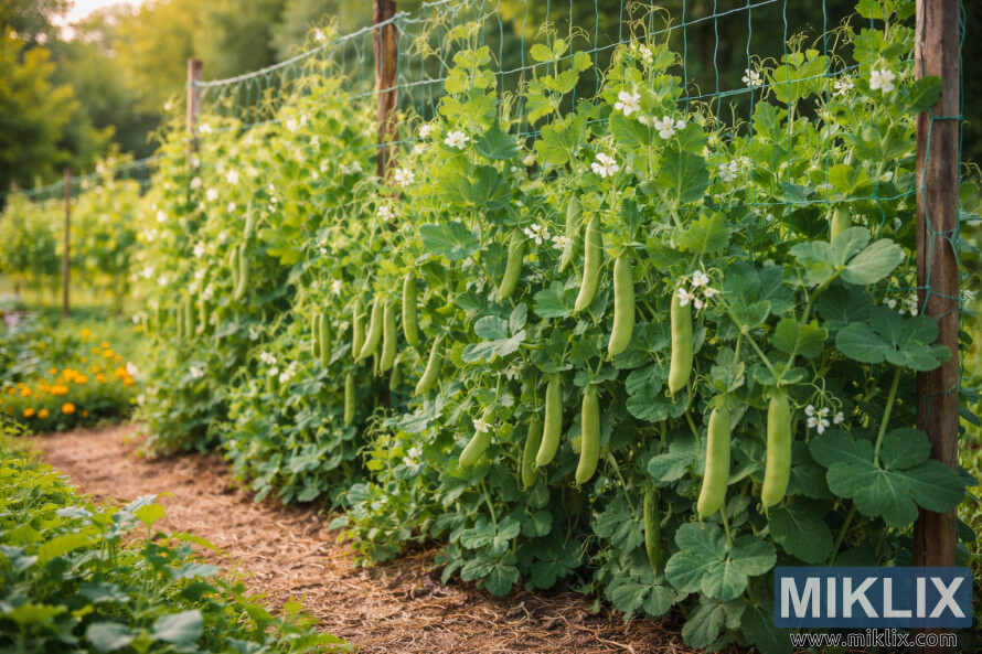 Healthy green pea plants climbing a netted trellis, with full pods, white flowers, and mulched soil in a well-kept garden. Healthy green pea plants climbing a netted trellis, with full pods, white flowers, and mulched soil in a well-kept garden.