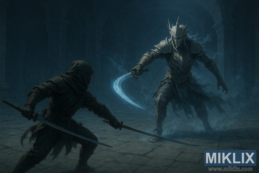 Un guerrero encapuchado que empuÃ±a dos katanas se enfrenta al Antiguo HÃ©roe de Zamor con una espada curva brillante en una enorme cÃ¡mara de piedra helada.