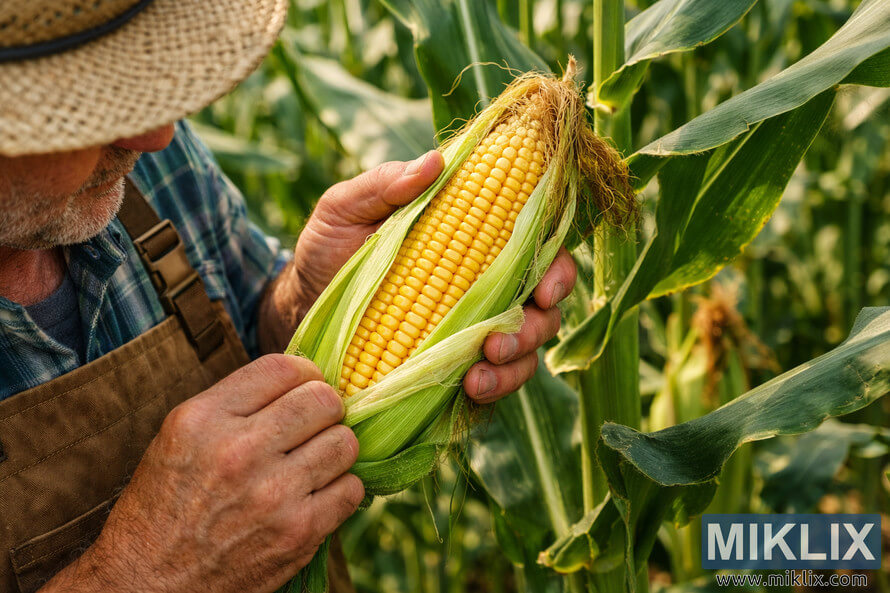 Close-up of a gardener pulling back the husk of a corn ear in a sunny cornfield to inspect the ripe yellow kernels.