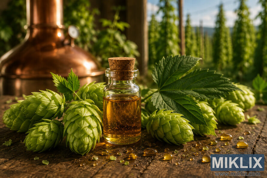 Close-up still life of fresh green Sylva hop cones arranged around a glass vial of golden hop oil on a rustic wooden table, with hop leaves, resin droplets, a blurred brewing kettle, and a sunlit hop field in the background. Close-up still life of fresh green Sylva hop cones arranged around a glass vial of golden hop oil on a rustic wooden table, with hop leaves, resin droplets, a blurred brewing kettle, and a sunlit hop field in the background.