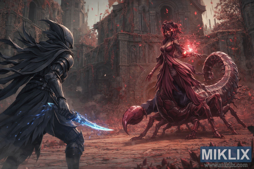 Anime-style fan art showing the Tarnished in Black Knife armor facing Romina, Saint of the Bud, inside the ruined Church of the Bud just before combat begins.