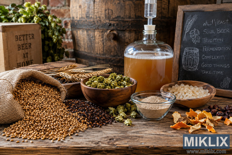 Rustic homebrewing still life with malted grains, hops, dried ingredients, an amber-filled glass fermenter, wooden barrel, and chalkboard. Rustic homebrewing still life with malted grains, hops, dried ingredients, an amber-filled glass fermenter, wooden barrel, and chalkboard.
