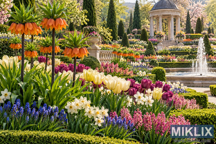 Formal spring garden with orange crown imperials, layered tulips and other flowers, clipped hedges, a fountain, topiary, and a classical pavilion. Formal spring garden with orange crown imperials, layered tulips and other flowers, clipped hedges, a fountain, topiary, and a classical pavilion.