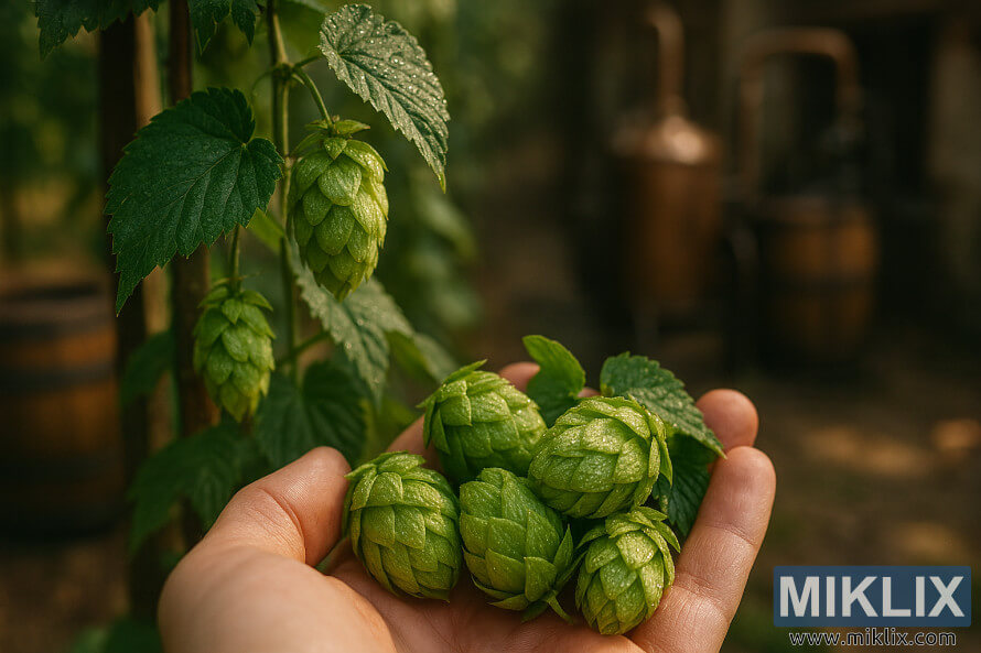 Close-up of fresh Backa hops held in hand with hop vine and rustic brewery in background