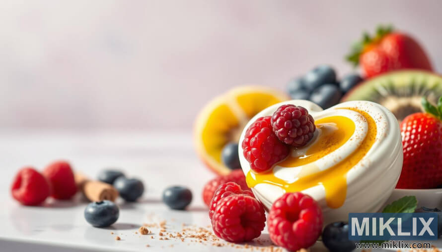 Heart-shaped yogurt with raspberries, honey, and cinnamon, surrounded by fresh fruit.