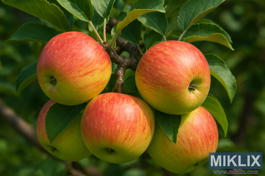 Gambar dekat epal Honeycrisp dengan kulit berbelang merah dan kuning tergantung pada dahan.